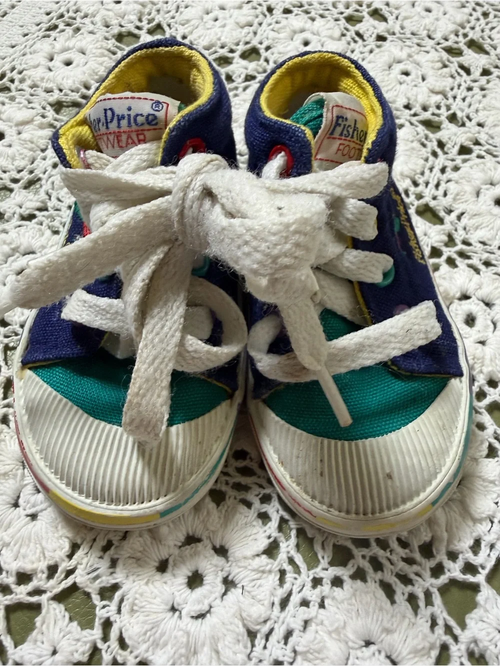 Vtg Fisher-Price Navy, Teal & Yellow Baby High-Top Sneakers 3